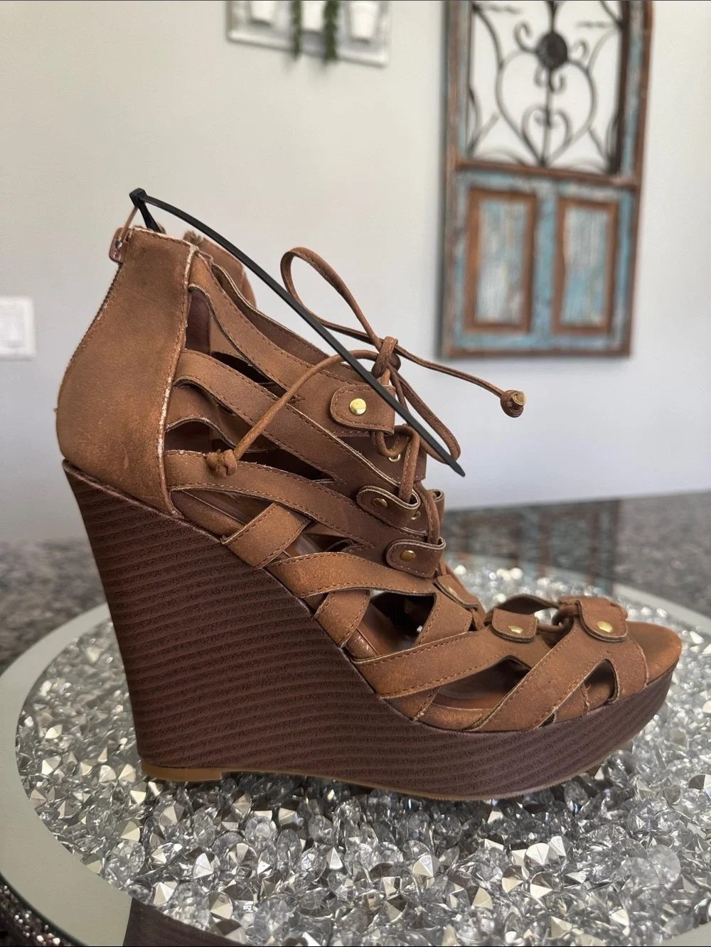 Dollhouse Brown Lace-Up Strappy Wedge Sandals NWOT 9